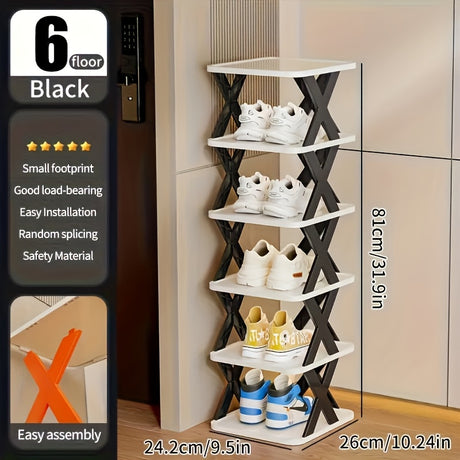9-Tier Foldable White/Black Shoe Rack, space-saving vertical design for entry halls, living rooms, bedrooms, closets, balconies—an essential organizing storage shelf for college dormitories.