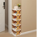 9-Tier Foldable White/Black Shoe Rack, space-saving vertical design for entry halls, living rooms, bedrooms, closets, balconies—an essential organizing storage shelf for college dormitories.