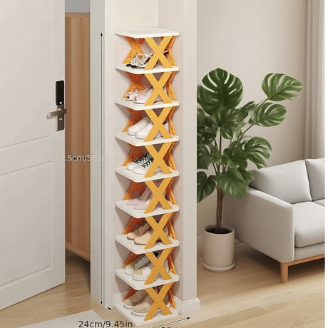 9-Tier Foldable White/Black Shoe Rack, space-saving vertical design for entry halls, living rooms, bedrooms, closets, balconies—an essential organizing storage shelf for college dormitories.