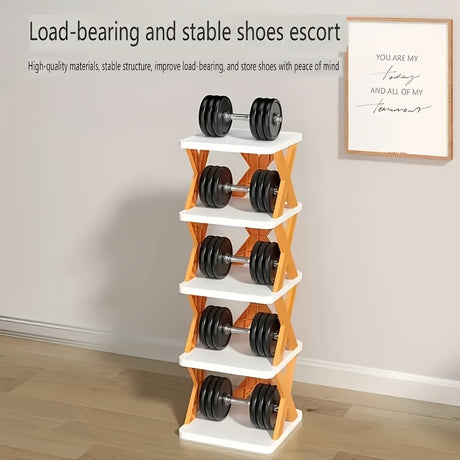 6-Tier Foldable White/Orange Shoe Rack, space-saving vertical design for entry halls, living rooms, bedrooms, closets, balconies—an essential organizing storage shelf for college dormitories.