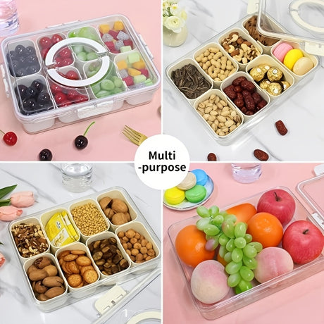 Portable Snack Box with Handle and Lid, 8-Compartment Divided Tray, Suitable for Cooked Food, Candy, and Fruit, Ideal for Travel and Picnics.