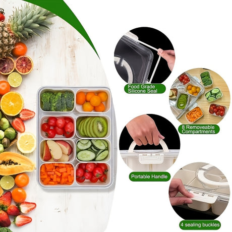 Portable Snack Box with Handle and Lid, 8-Compartment Divided Tray, Suitable for Cooked Food, Candy, and Fruit, Ideal for Travel and Picnics.