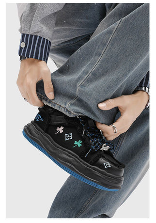 Casual Sneakers Embroidered Sneakers Four-Leaf Clover Shoes Comfortable - Black - Size 6(AU6/EU39)