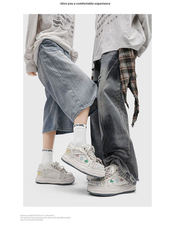 Casual Sneakers Embroidered Sneakers Four-Leaf Clover Shoes Comfortable - Black - Size 7(AU7/EU40)
