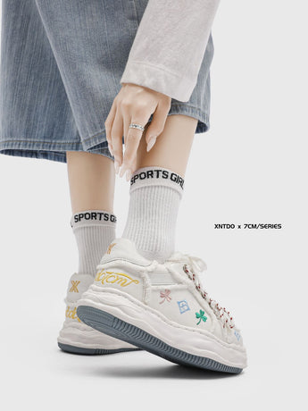 Casual Sneakers Embroidered Sneakers Four-Leaf Clover Shoes Comfortable - White - Size 6(AU6/EU39)