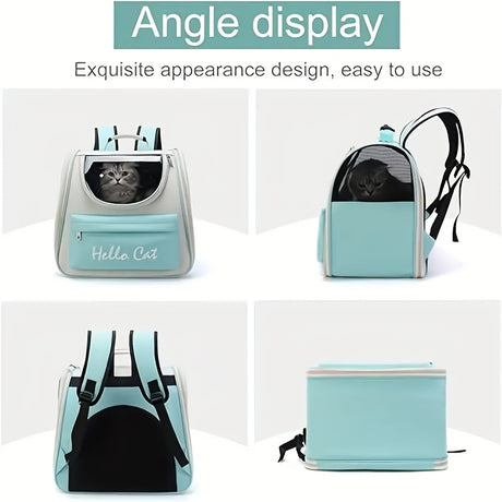 GREEN Hello Cat Nylon Pet Backpack, Large Capacity Foldable Travel Carrier with Zipper Closure, Easy Access for Cats and Small Dogs, Pet Travel Bag with Handle for Puppies and Kittens