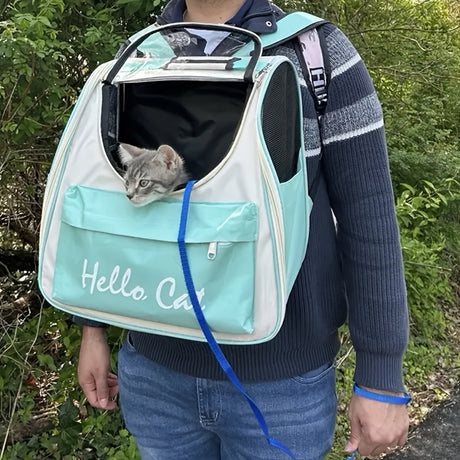 GREEN Hello Cat Nylon Pet Backpack, Large Capacity Foldable Travel Carrier with Zipper Closure, Easy Access for Cats and Small Dogs, Pet Travel Bag with Handle for Puppies and Kittens