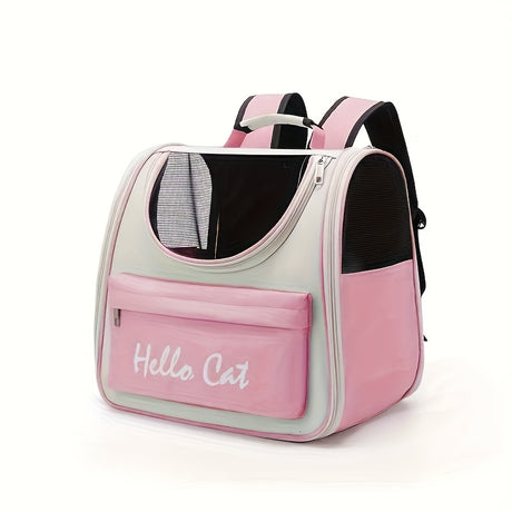 Hello Cat Nylon Pet Backpack, Large Capacity Foldable Travel Carrier with Zipper Closure, Easy Access for Cats and Small Dogs, Pet Travel Bag with Handle for Puppies and Kittens(PINK)