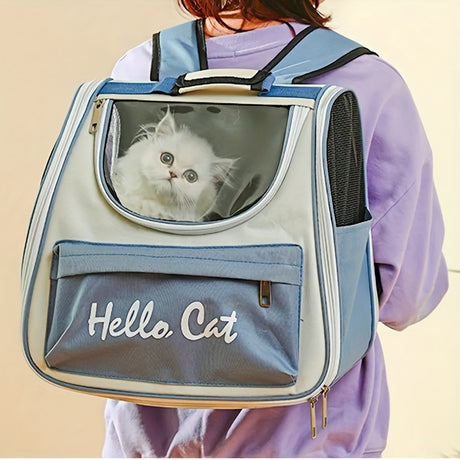 Hello Cat Nylon Pet Backpack, Large Capacity Foldable Travel Carrier with Zipper Closure, Easy Access for Cats and Small Dogs, Pet Travel Bag with Handle for Puppies and Kittens(BLUE)