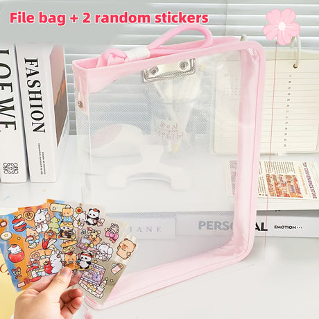 Macaron Candy Student File Bag + PET Animal Stickers - Hand-Carry Large Capacity Waterproof A4 Zipper Transparent Exam Paper & Textbook Storage Bag, Folder（yellow）