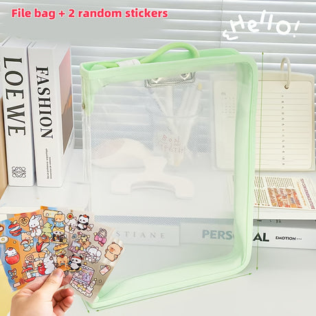 Macaron Candy Student File Bag + PET Animal Stickers - Hand-Carry Large Capacity Waterproof A4 Zipper Transparent Exam Paper & Textbook Storage Bag, Folder（green）