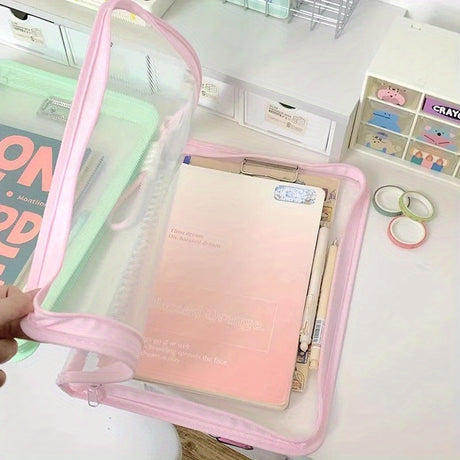 Macaron Candy Student File Bag + PET Animal Stickers - Hand-Carry Large Capacity Waterproof A4 Zipper Transparent Exam Paper & Textbook Storage Bag, Folder（green）
