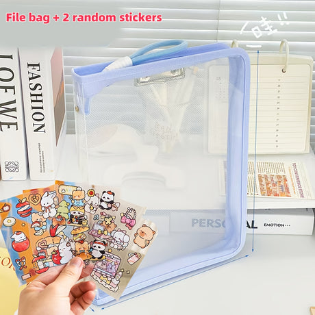 Macaron Candy Student File Bag + PET Animal Stickers - Hand-Carry Large Capacity Waterproof A4 Zipper Transparent Exam Paper & Textbook Storage Bag, Folder（green）