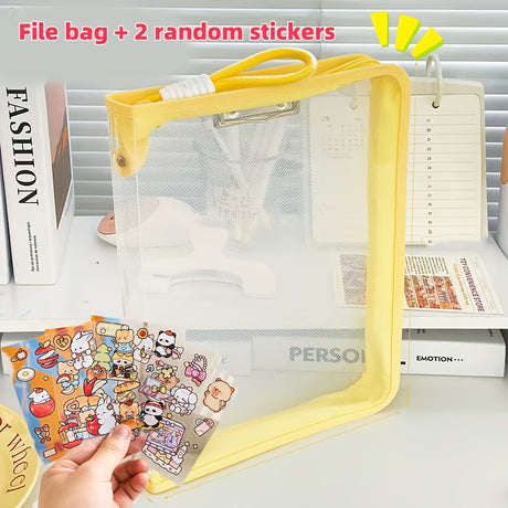 Macaron Candy Student File Bag + PET Animal Stickers - Hand-Carry Large Capacity Waterproof A4 Zipper Transparent Exam Paper & Textbook Storage Bag, Folder（green）