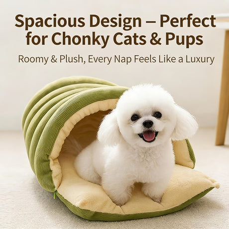 High-Elasticity Warm Cat Bed: 57×37×28cm Wrapped Design, Striped Fleece + Arctic Fleece Heat Retention, Removable & Washable（light beige）