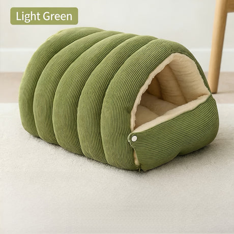 High-Elasticity Warm Cat Bed: 57×37×28cm Wrapped Design, Striped Fleece + Arctic Fleece Heat Retention, Removable & Washable（light beige）