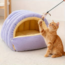 High-Elasticity Warm Cat Bed: 57×37×28cm Wrapped Design, Striped Fleece + Arctic Fleece Heat Retention, Removable & Washable（light beige）