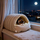 High-Elasticity Warm Cat Bed: 57×37×28cm Wrapped Design, Striped Fleece + Arctic Fleece Heat Retention, Removable & Washable（light beige）