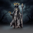 Dark Mystical Goddess Ornament — wearing a golden ray-like headdress, her face hidden beneath a dark robe, with a cross necklace adding to the mysterious aura. She holds a crescent moon prop in one hand and a flaming torch scepter tightly in the other.