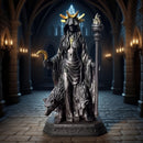 Dark Mystical Goddess Ornament — wearing a golden ray-like headdress, her face hidden beneath a dark robe, with a cross necklace adding to the mysterious aura. She holds a crescent moon prop in one hand and a flaming torch scepter tightly in the other.