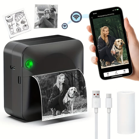 (Black）Inkless Sticker Printer Mini Thermal Printer with Roll Thermal Paper, Wireless Pocket Printer, Smart Portable Receipt Printer for Photos, Diaries, Notes, and Preparation Work.