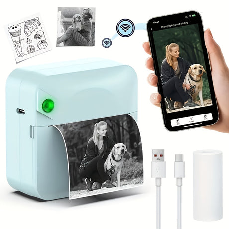 (Blue）Inkless Sticker Printer Mini Thermal Printer with Roll Thermal Paper, Wireless Pocket Printer, Smart Portable Receipt Printer for Photos, Diaries, Notes, and Preparation Work.