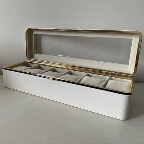 Luxury transparent-lid watch box with 6 fabric-lined compartments, portable and shockproof design, suitable for both men and women. Ideal for home, travel, or gifting—a refined storage solution for fine watches and jewelry. (Black)