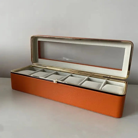 Luxury transparent-lid watch box with 6 fabric-lined compartments, portable and shockproof design, suitable for both men and women. Ideal for home, travel, or gifting—a refined storage solution for fine watches and jewelry. (Green)