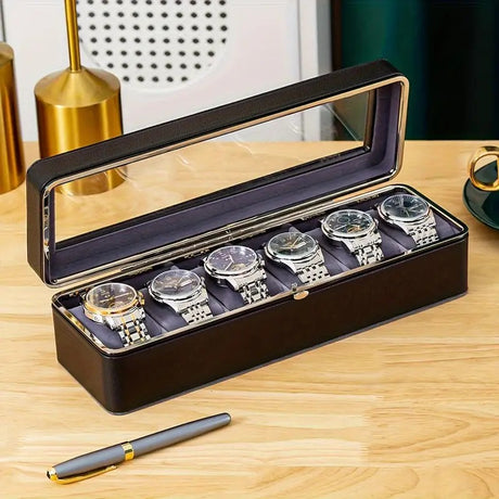 Luxury transparent-lid watch box with 6 fabric-lined compartments, portable and shockproof design, suitable for both men and women. Ideal for home, travel, or gifting—a refined storage solution for fine watches and jewelry. (Green)