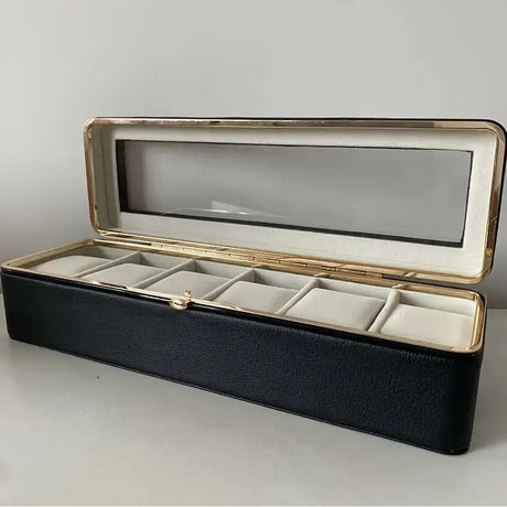 Luxury transparent-lid watch box with 6 fabric-lined compartments, portable and shockproof design, suitable for both men and women. Ideal for home, travel, or gifting—a refined storage solution for fine watches and jewelry. (Green)