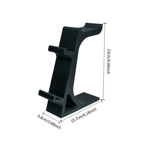 black 3-in-1 PS5 and Xbox Controller Stand – Compatible with PlayStation 5/Xbox Consoles. A gaming desktop organizer with a headphone hanger, non-charging base that holds 2 controllers and headphones. Space-saving white/black console accessory.