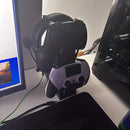 black 3-in-1 PS5 and Xbox Controller Stand – Compatible with PlayStation 5/Xbox Consoles. A gaming desktop organizer with a headphone hanger, non-charging base that holds 2 controllers and headphones. Space-saving white/black console accessory.