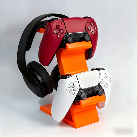 black 3-in-1 PS5 and Xbox Controller Stand – Compatible with PlayStation 5/Xbox Consoles. A gaming desktop organizer with a headphone hanger, non-charging base that holds 2 controllers and headphones. Space-saving white/black console accessory.