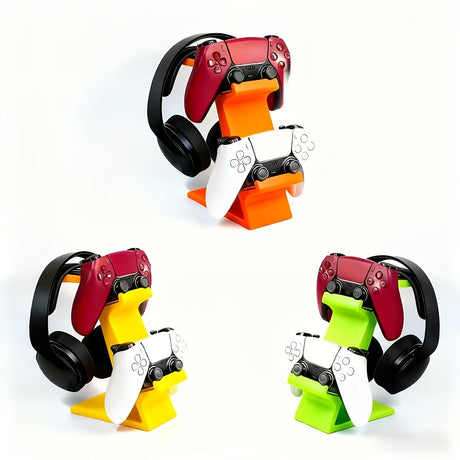 ORANGE 3-in-1 PS5 and Xbox Controller Stand – Compatible with PlayStation 5/Xbox Consoles. A gaming desktop organizer with a headphone hanger, non-charging base that holds 2 controllers and headphones. Space-saving white/black console accessory.
