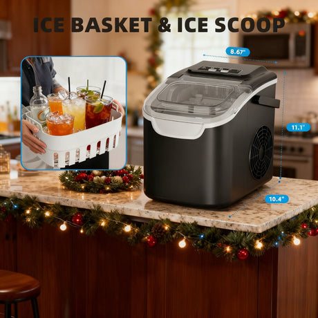 Desktop Ice Maker, Produces Ice in 6 Minutes with a Capacity of 26 Pounds, Energy-Saving 30% and Operating Noise Below 40 Decibels, Portable Ice Maker with Built-in Ice Basket, Suitable for Home and Camping.(GREY)
