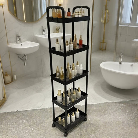 Five-Tier Rolling Cosmetics Storage Rack - Made of durable plastic, equipped with 360-degree swivel casters, strong load-bearing capacity - Suitable for bathroom, bedroom, kitchen, and home storage | White