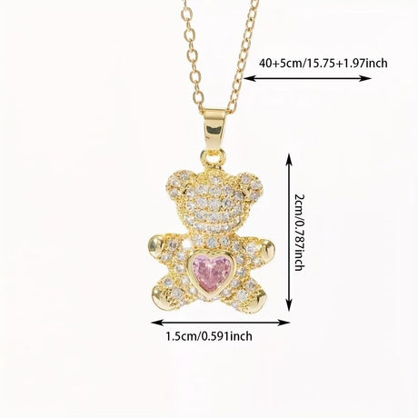 A delicate and adorable pink heart-shaped bear pendant copper necklace, adorned with synthetic zirconia, paired with a stainless steel chain, decorated with synthetic zirconia, perfect as a daily jewelry gift or a sweet and cute party accessory.（silver））