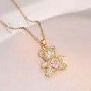 A delicate and adorable pink heart-shaped bear pendant copper necklace, adorned with synthetic zirconia, paired with a stainless steel chain, decorated with synthetic zirconia, perfect as a daily jewelry gift or a sweet and cute party accessory.（silver））