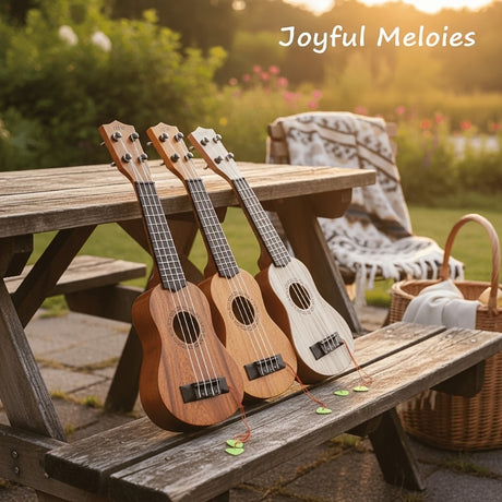 Acacia wood 17-inch Playable Ukulele Mini Guitar, lightweight and portable. Features comfortable nylon strings, includes a pick, and has open-style tuning pegs for precise tuning. Suitable for beginners and music enthusiasts, a popular gift choice for hol