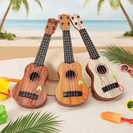 Acacia wood 17-inch Playable Ukulele Mini Guitar, lightweight and portable. Features comfortable nylon strings, includes a pick, and has open-style tuning pegs for precise tuning. Suitable for beginners and music enthusiasts, a popular gift choice for hol