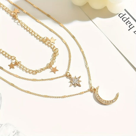 An elegant star, crescent, and sparkle rhinestone-embedded collarbone necklace, a multi-layer pendant necklace for women, perfect for daily wear and a versatile gift.