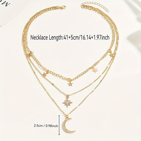 An elegant star, crescent, and sparkle rhinestone-embedded collarbone necklace, a multi-layer pendant necklace for women, perfect for daily wear and a versatile gift.