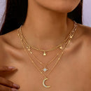 An elegant star, crescent, and sparkle rhinestone-embedded collarbone necklace, a multi-layer pendant necklace for women, perfect for daily wear and a versatile gift.