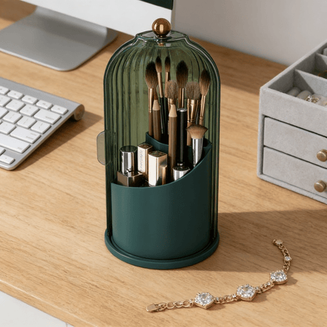 Transparent Rotating Makeup Brush Holder: 360° Rotation for Easy Access, Dust-Proof with Compartments, Neat and Portable(Transparent gray）