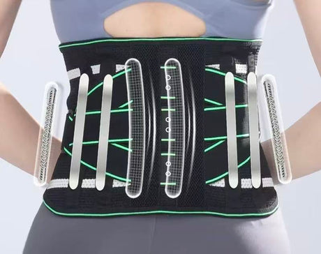 Lumbar Support Belt, featuring 8X Enhanced Lumbar Support, designed with a 3D massage pad, unisex back support strap, breathable and adjustable shoulder straps, available in green.（Size XXL）