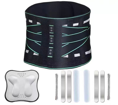 Lumbar Support Belt, featuring 8X Enhanced Lumbar Support, designed with a 3D massage pad, unisex back support strap, breathable and adjustable shoulder straps, available in green.（Size XXL）