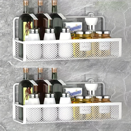 Wrought Iron Bathroom Storage Basket, Wall-Mounted Self-Adhesive Toothbrush Holder, Cosmetic & Condiment Shower Shelves, Kitchen & Bathroom Decorative Accessories/ WHITE