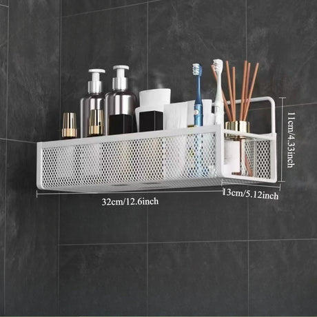 Wrought Iron Bathroom Storage Basket, Wall-Mounted Self-Adhesive Toothbrush Holder, Cosmetic & Condiment Shower Shelves, Kitchen & Bathroom Decorative Accessories/ WHITE