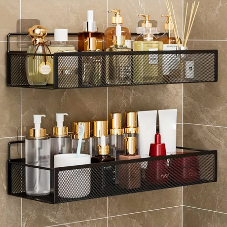 Wrought Iron Bathroom Storage Basket, Wall-Mounted Self-Adhesive Toothbrush Holder, Cosmetic & Condiment Shower Shelves, Kitchen & Bathroom Decorative Accessories/ WHITE