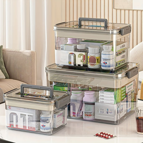 Multi-Layer Large Capacity Home Medicine Box｜Compartment Storage for Emergency & Backup, Shockproof Design for Quick, Hassle-Free Access（transparent tea）